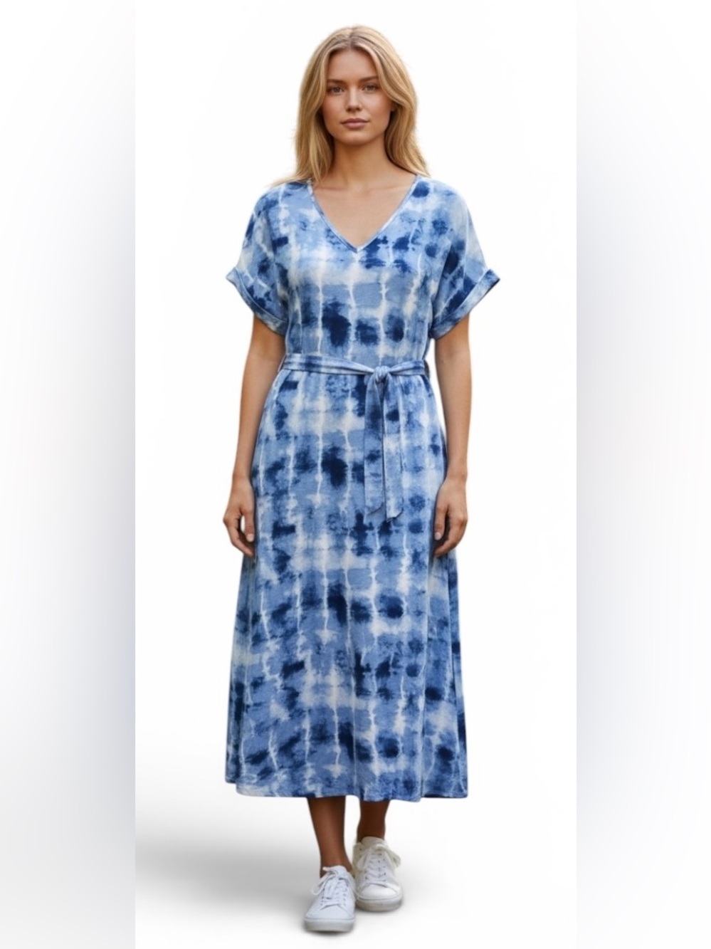 Shein tie Dye Maxi Dress Size Medium Blue White V-Neck Short SleeveLong Dres